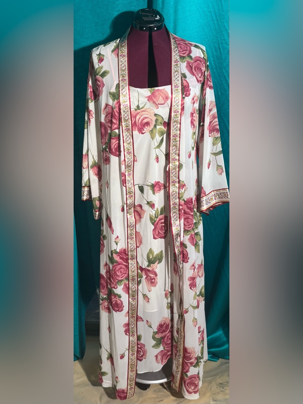 OSCAR DE LA RENTA PINK LABEL FLORAL ROSES GOWN & ROBE SHEER IVORY CHIFFON SIZE L - Picture 2 of 6